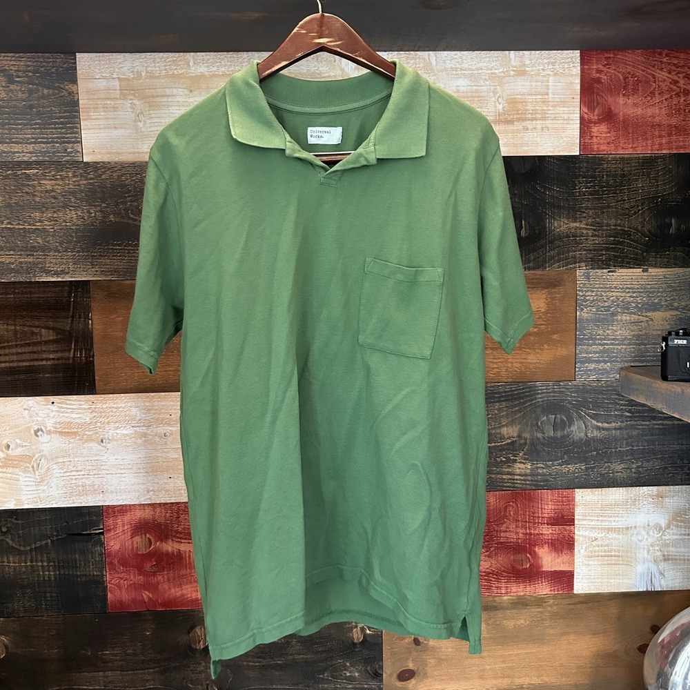 Universal Works Green Polo Mens Cotton Large Short Sleeve Pocket Shirt